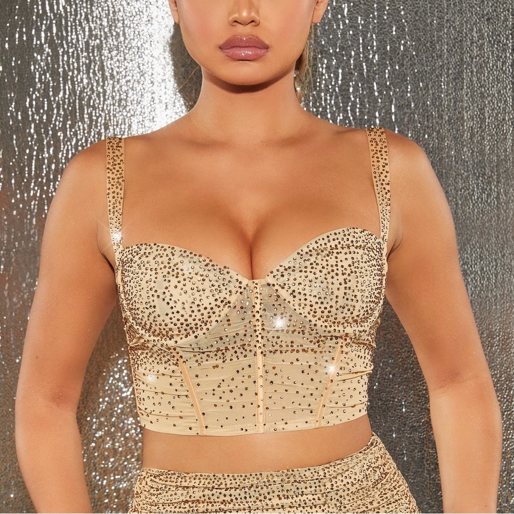 NWT Oh Polly After Party Underwired Embellished Bustier Crop Top in Gold